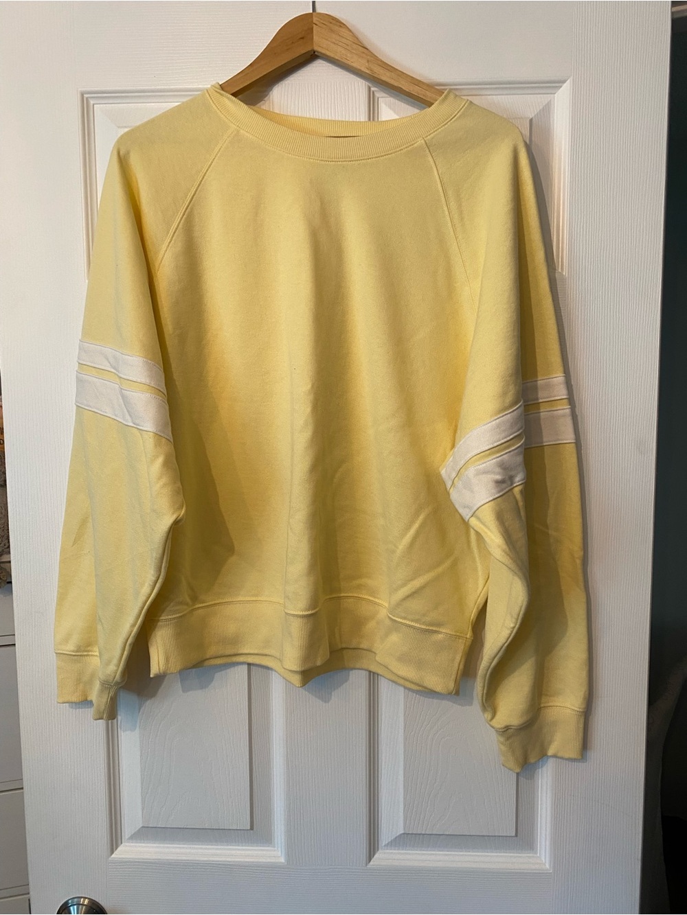 Women’s Yellow Old Navy Crewneck Sweatshirt with White Sleeve Stripes